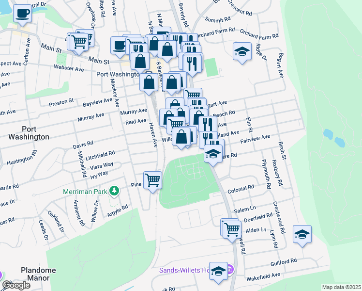 map of restaurants, bars, coffee shops, grocery stores, and more near 25 Willowdale Avenue in Port Washington