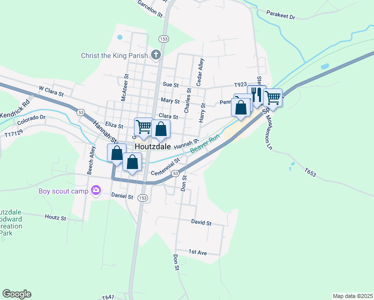 map of restaurants, bars, coffee shops, grocery stores, and more near 416 Hannah Street in Houtzdale