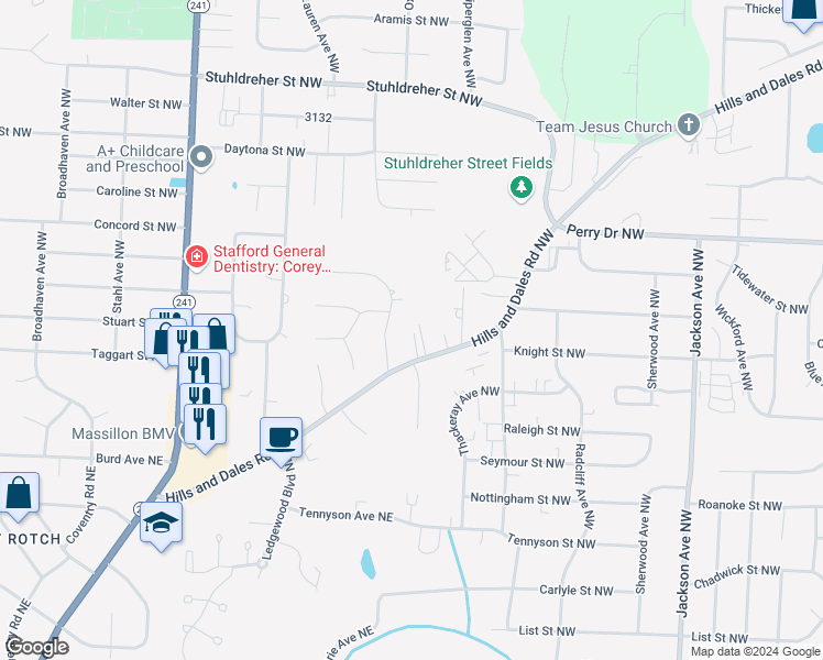 map of restaurants, bars, coffee shops, grocery stores, and more near 7791 Hills and Dales Road Northwest in Massillon