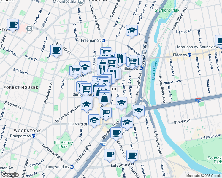 map of restaurants, bars, coffee shops, grocery stores, and more near 1122 Westchester Avenue in The Bronx