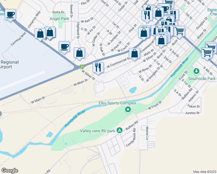 map of restaurants, bars, coffee shops, grocery stores, and more near 665 West Silver Street in Elko
