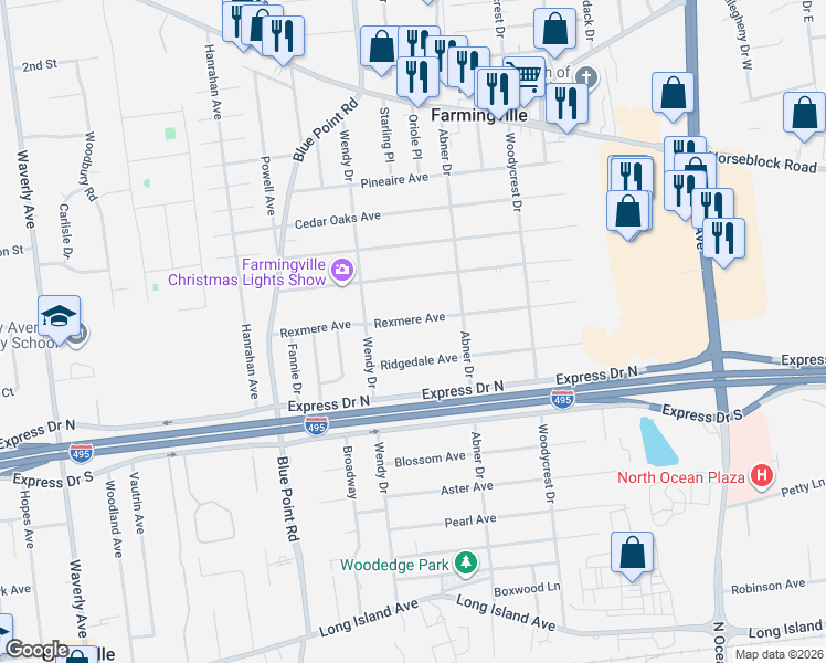 map of restaurants, bars, coffee shops, grocery stores, and more near 63 Rexmere Avenue in Farmingville