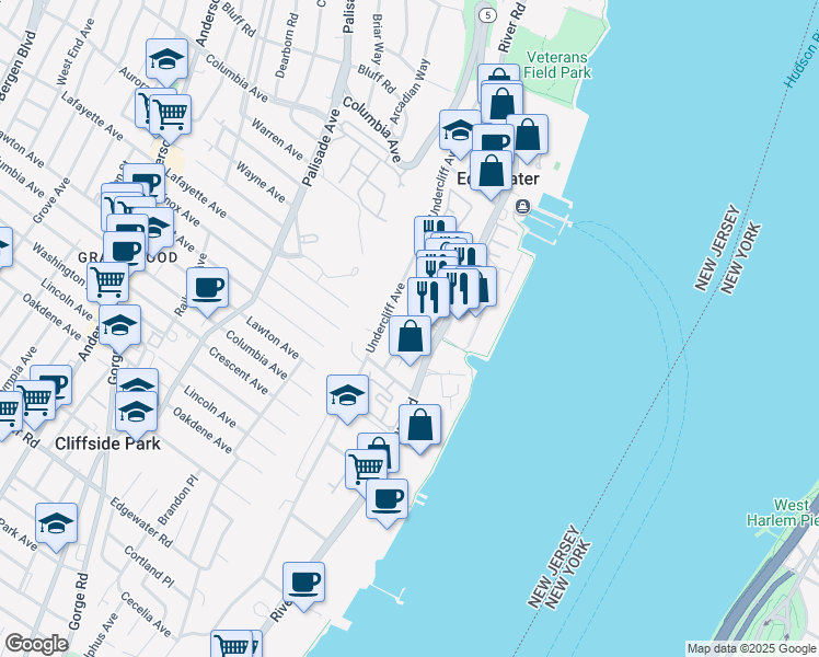 map of restaurants, bars, coffee shops, grocery stores, and more near 63 Edgewater Place in Edgewater