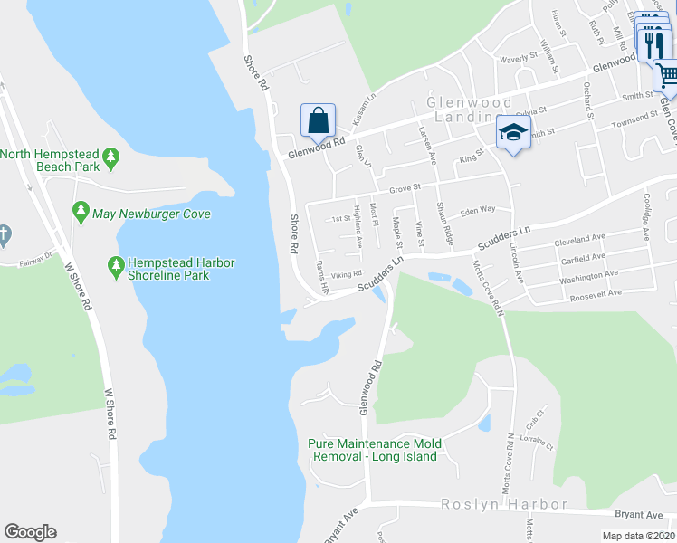 map of restaurants, bars, coffee shops, grocery stores, and more near 11 Viking Road in Glenwood Landing