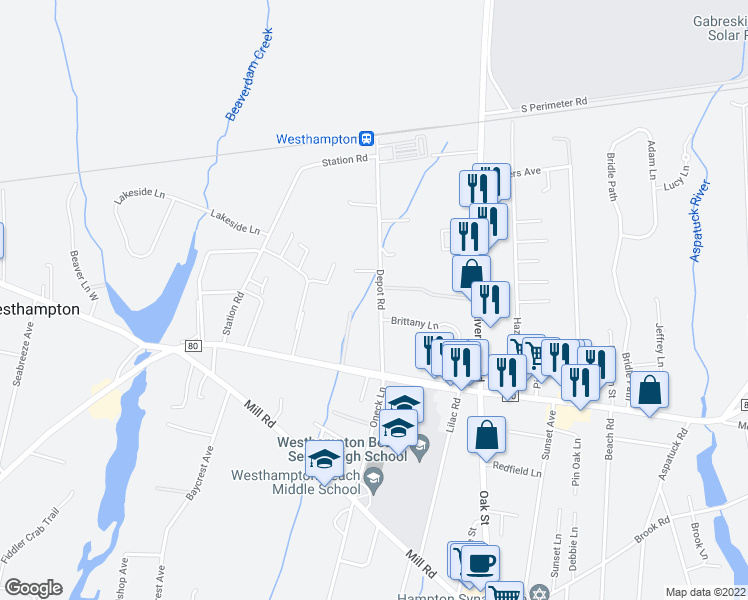map of restaurants, bars, coffee shops, grocery stores, and more near 39 Depot Road in Westhampton Beach