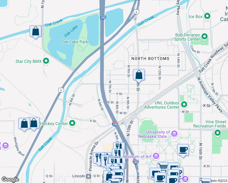 map of restaurants, bars, coffee shops, grocery stores, and more near 722 Y Street in Lincoln