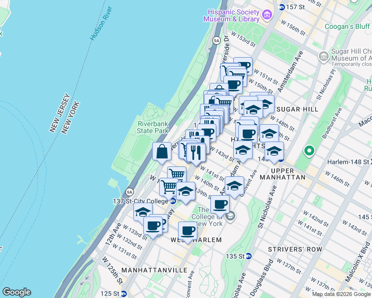 map of restaurants, bars, coffee shops, grocery stores, and more near 618 West 142nd Street in New York