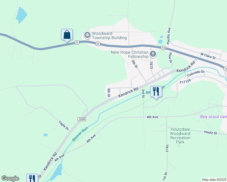 map of restaurants, bars, coffee shops, grocery stores, and more near 93 6th Street in Houtzdale
