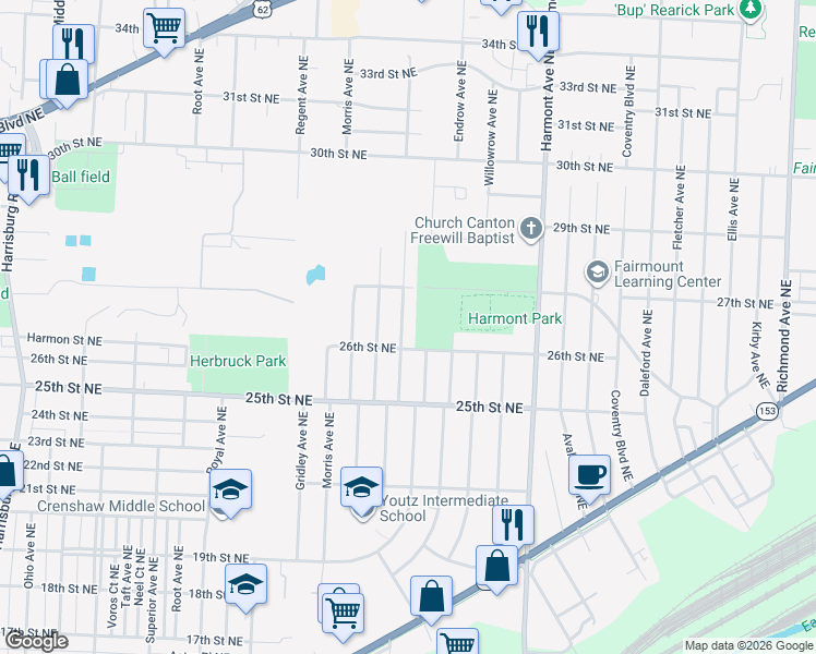 map of restaurants, bars, coffee shops, grocery stores, and more near 2618 Dorothy Avenue Northeast in Canton