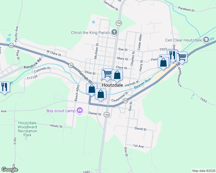 map of restaurants, bars, coffee shops, grocery stores, and more near 724 Hannah Street in Houtzdale