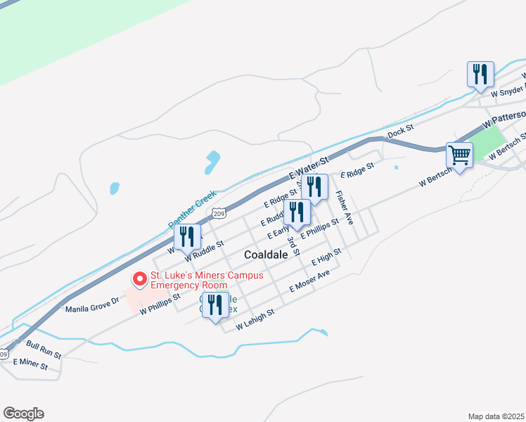 map of restaurants, bars, coffee shops, grocery stores, and more near 40 East Ridge Street in Coaldale