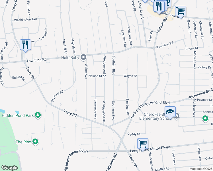 map of restaurants, bars, coffee shops, grocery stores, and more near 164 Wedgewood Drive in Hauppauge