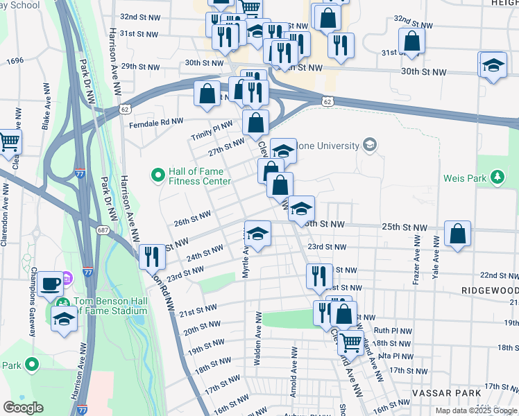 map of restaurants, bars, coffee shops, grocery stores, and more near 1320 26th Street Northwest in Canton