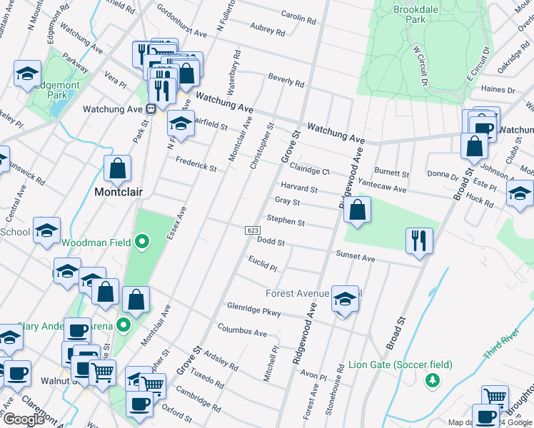 map of restaurants, bars, coffee shops, grocery stores, and more near 284 Grove Street in Montclair