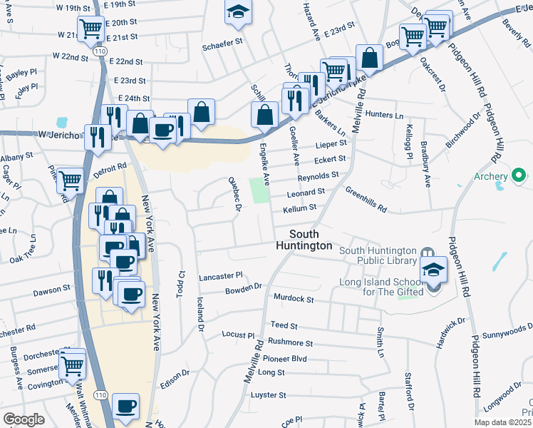 map of restaurants, bars, coffee shops, grocery stores, and more near 47 Engelke Avenue in Huntington Station