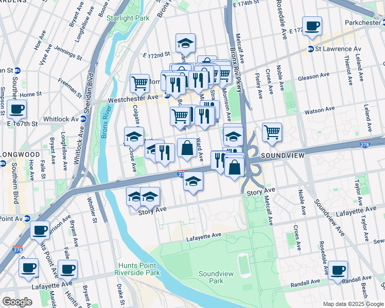 map of restaurants, bars, coffee shops, grocery stores, and more near 1048 Ward Avenue in Bronx