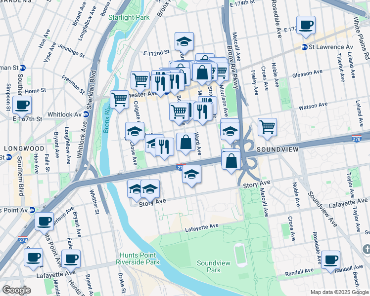 map of restaurants, bars, coffee shops, grocery stores, and more near 1050 Elder Avenue in Bronx