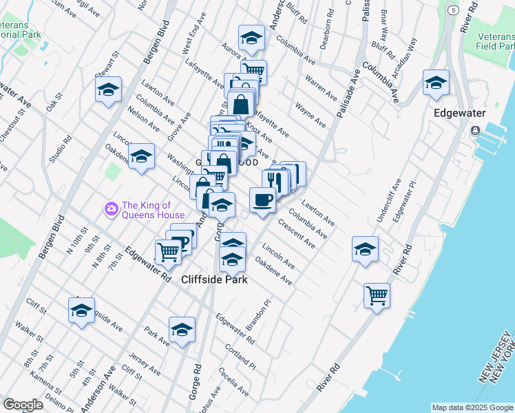 map of restaurants, bars, coffee shops, grocery stores, and more near 229 Columbia Avenue in Cliffside Park