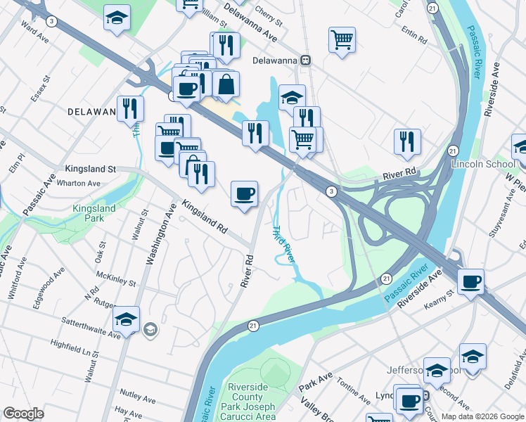 map of restaurants, bars, coffee shops, grocery stores, and more near 77 River Road in Clifton