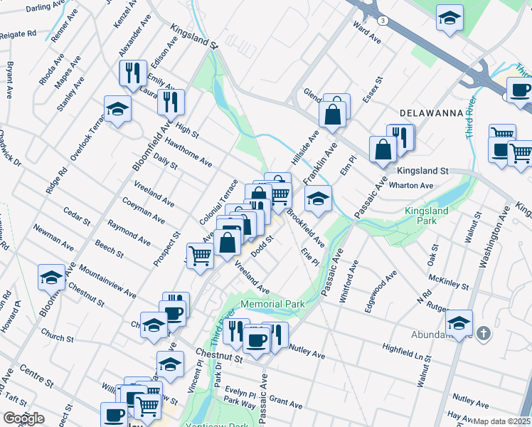 map of restaurants, bars, coffee shops, grocery stores, and more near 11 High Street in Nutley