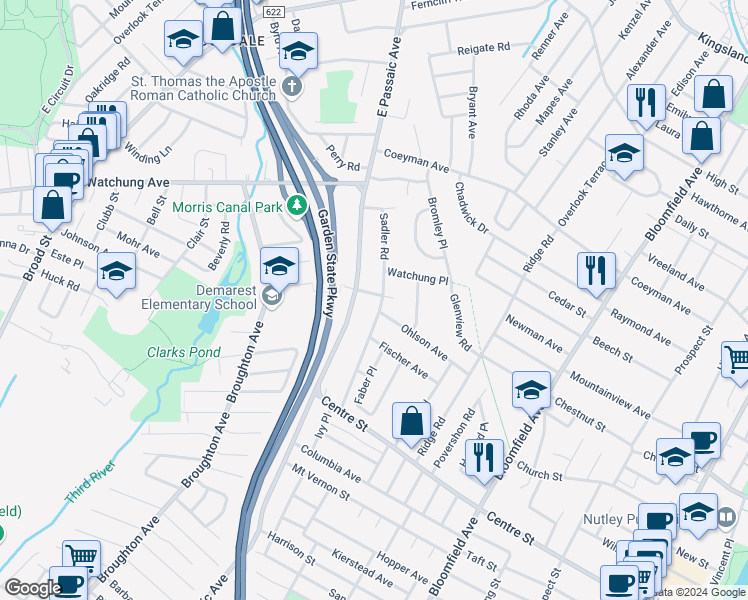 map of restaurants, bars, coffee shops, grocery stores, and more near 126 Sadler Road in Bloomfield