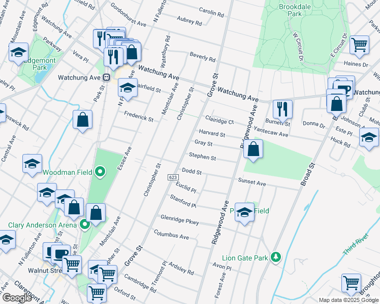 map of restaurants, bars, coffee shops, grocery stores, and more near 284 Grove Street in Montclair