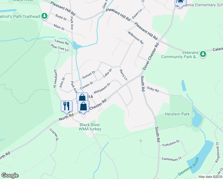 map of restaurants, bars, coffee shops, grocery stores, and more near 10 Marjaleen Drive in Randolph