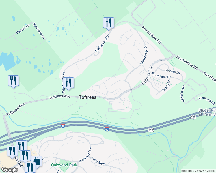 map of restaurants, bars, coffee shops, grocery stores, and more near 715-799 Toftrees Avenue in State College