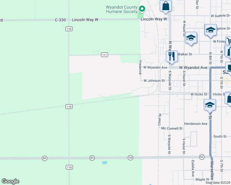 map of restaurants, bars, coffee shops, grocery stores, and more near in Upper Sandusky