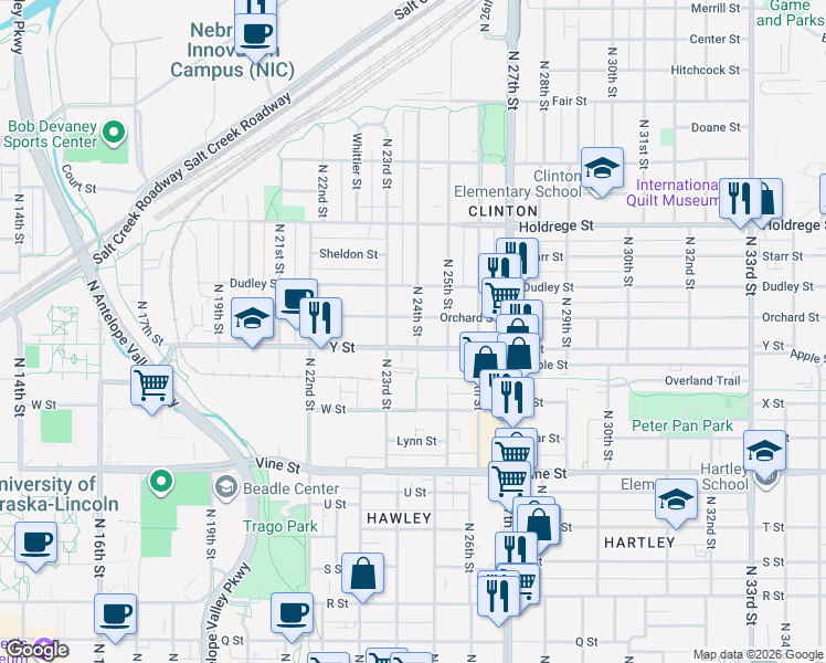map of restaurants, bars, coffee shops, grocery stores, and more near 1200 North 24th Street in Lincoln