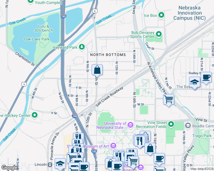map of restaurants, bars, coffee shops, grocery stores, and more near 1119 Charleston Street in Lincoln
