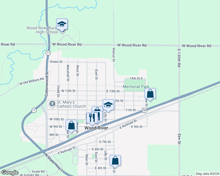 map of restaurants, bars, coffee shops, grocery stores, and more near 1320-1344 Walnut Street in Wood River