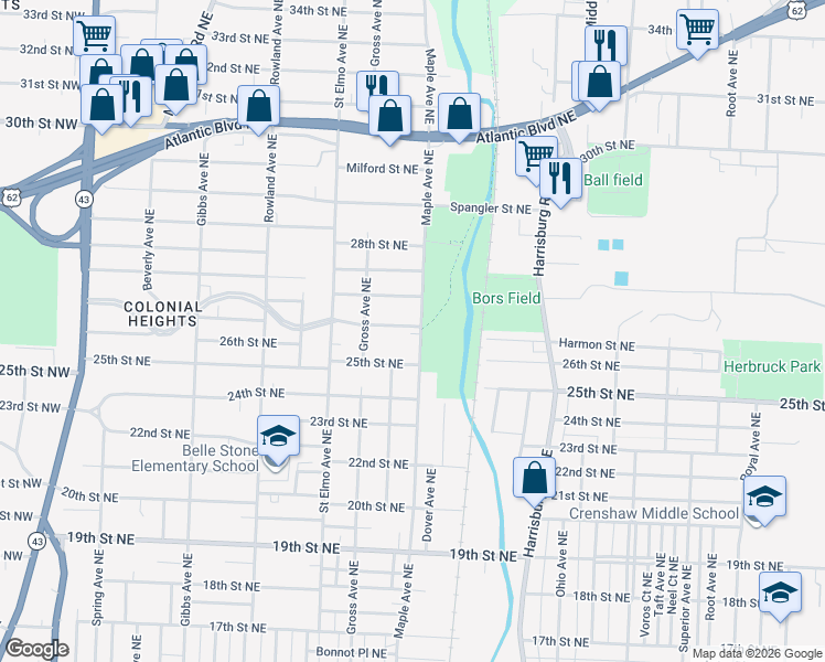 map of restaurants, bars, coffee shops, grocery stores, and more near 1643 Colonial Boulevard Northeast in Canton