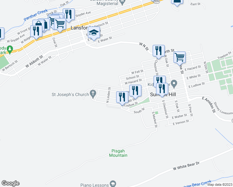 map of restaurants, bars, coffee shops, grocery stores, and more near 325 West White Street in Summit Hill