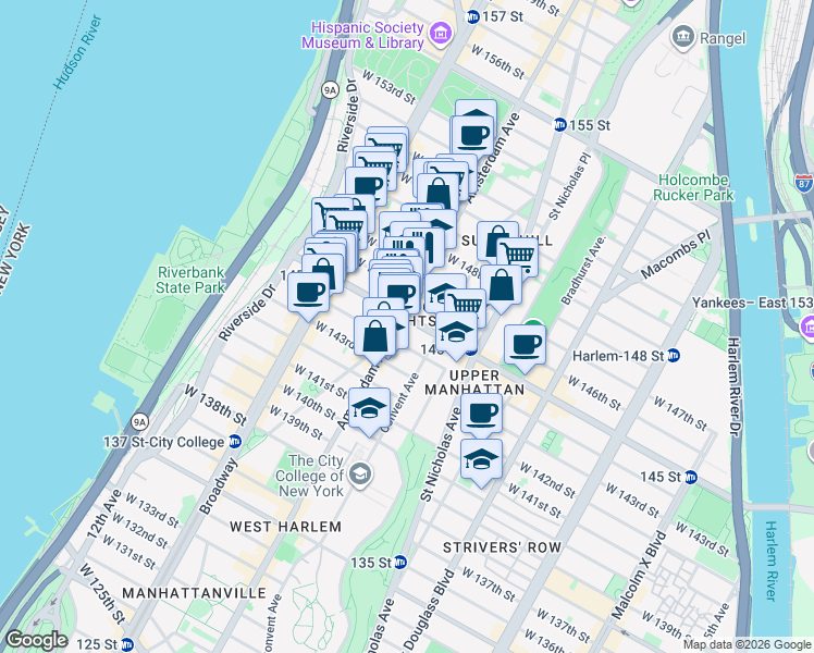 map of restaurants, bars, coffee shops, grocery stores, and more near 474 West 145th Street in New York