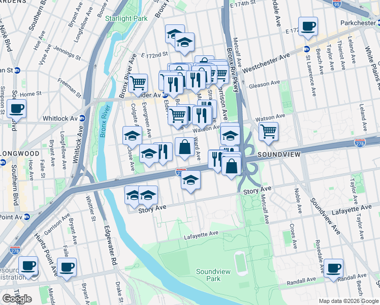map of restaurants, bars, coffee shops, grocery stores, and more near 1048 Ward Avenue in Bronx