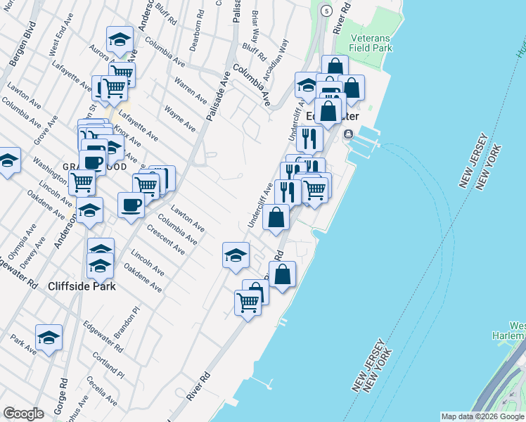 map of restaurants, bars, coffee shops, grocery stores, and more near 366 Undercliff Avenue in Edgewater