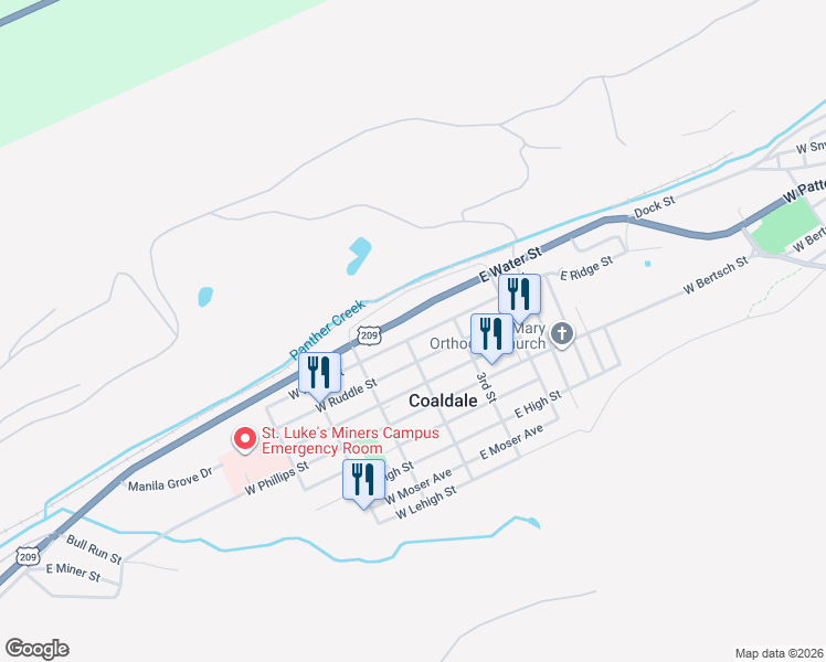 map of restaurants, bars, coffee shops, grocery stores, and more near 37 East Ridge Street in Coaldale