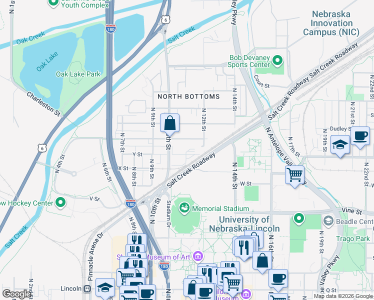 map of restaurants, bars, coffee shops, grocery stores, and more near 1119 Charleston Street in Lincoln
