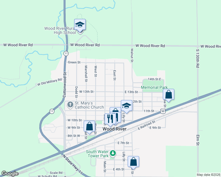 map of restaurants, bars, coffee shops, grocery stores, and more near 1351-1439 Main Street in Wood River