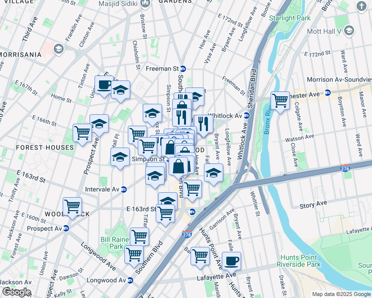 map of restaurants, bars, coffee shops, grocery stores, and more near Westchester Ave & W Farms Rd in Bronx