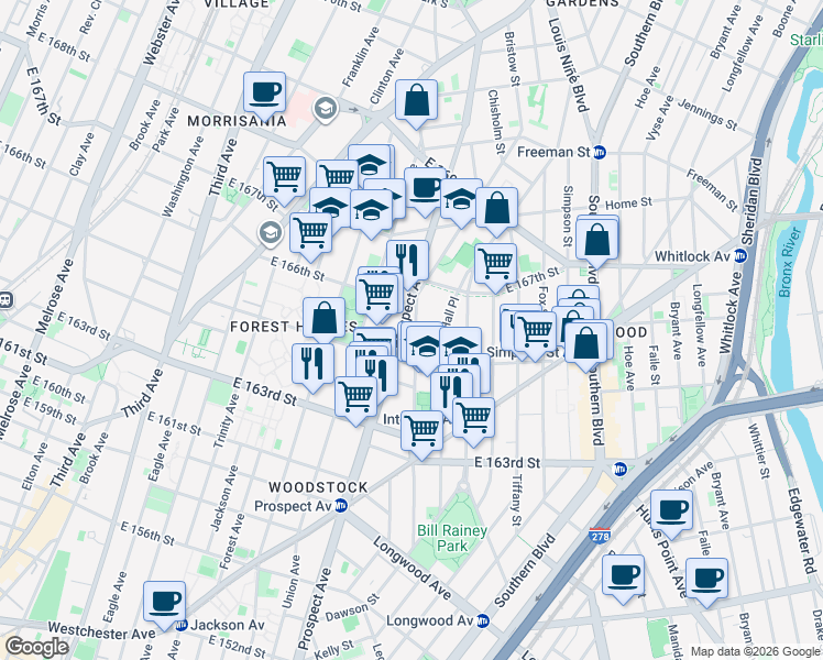 map of restaurants, bars, coffee shops, grocery stores, and more near 1136 Prospect Avenue in The Bronx