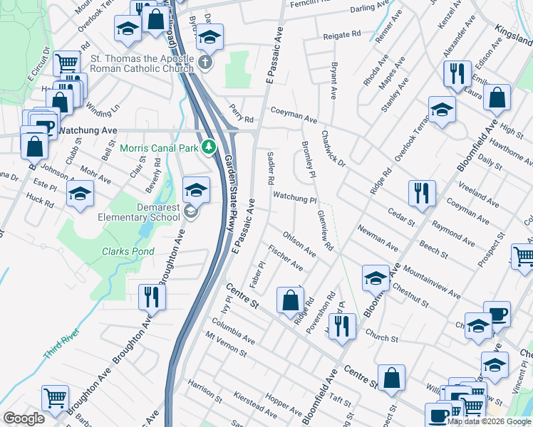 map of restaurants, bars, coffee shops, grocery stores, and more near 126 Sadler Road in Bloomfield