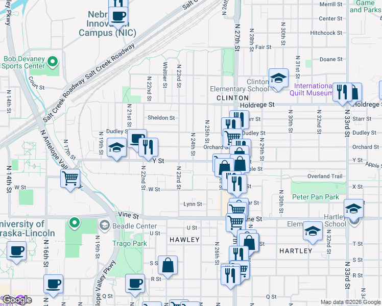 map of restaurants, bars, coffee shops, grocery stores, and more near 1200 North 24th Street in Lincoln