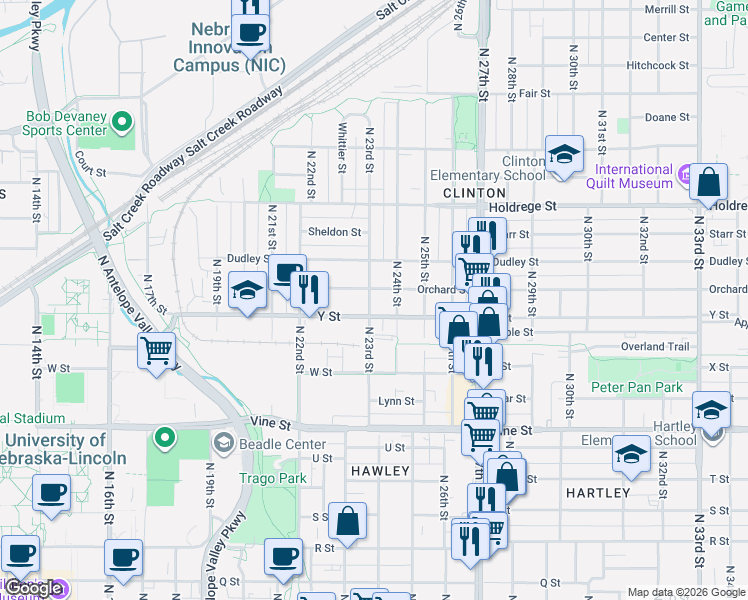 map of restaurants, bars, coffee shops, grocery stores, and more near 2300 Orchard Street in Lincoln