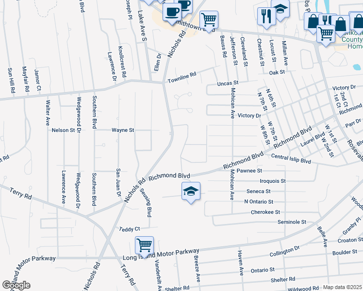 map of restaurants, bars, coffee shops, grocery stores, and more near 81 Richmond Boulevard in Ronkonkoma
