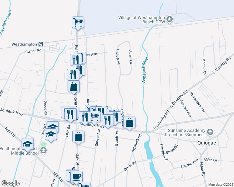 map of restaurants, bars, coffee shops, grocery stores, and more near 19 Bridle Path in Westhampton Beach