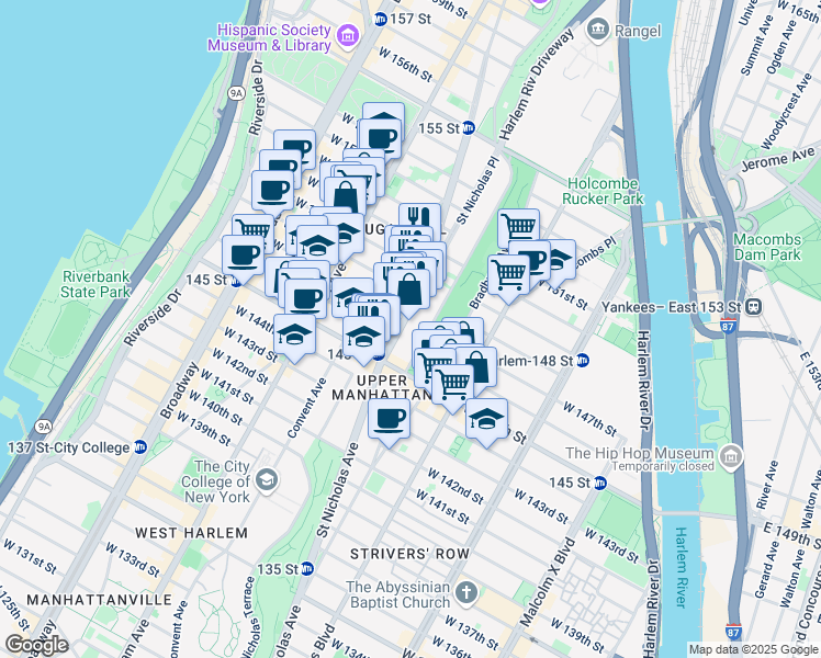 map of restaurants, bars, coffee shops, grocery stores, and more near 732 Saint Nicholas Avenue in New York