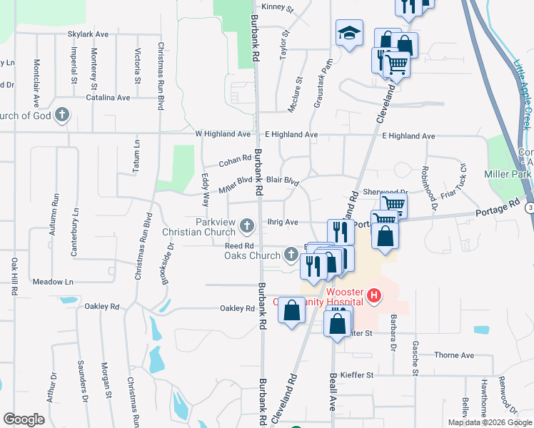 map of restaurants, bars, coffee shops, grocery stores, and more near 2030 Burbank Road in Wooster