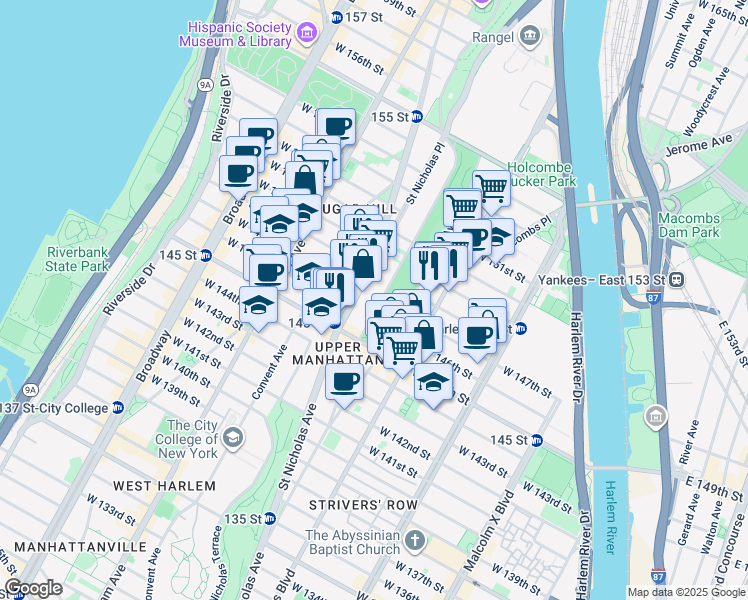 map of restaurants, bars, coffee shops, grocery stores, and more near 291 Edgecombe Avenue in New York